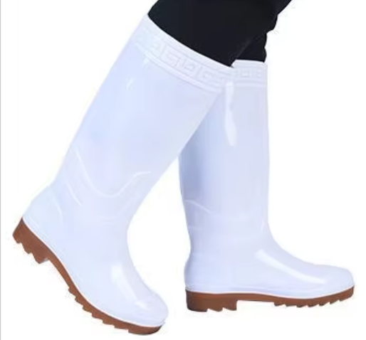high‑calf-white-food-grade-breathable-pvc-rain-boots-with-brown-skidproof-bottom